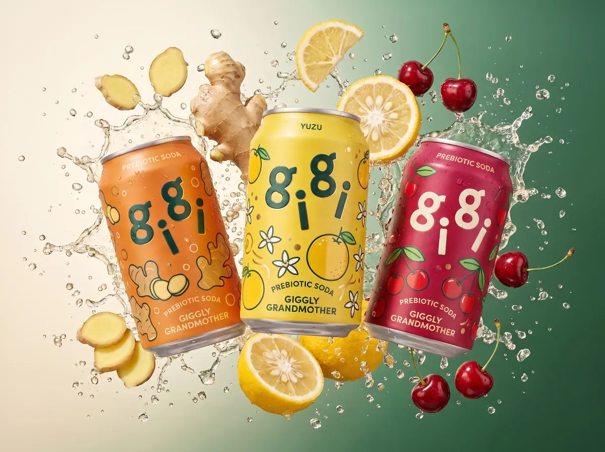 Ginger, Yuzu and Cherry cans tumbling with fruit and splashes