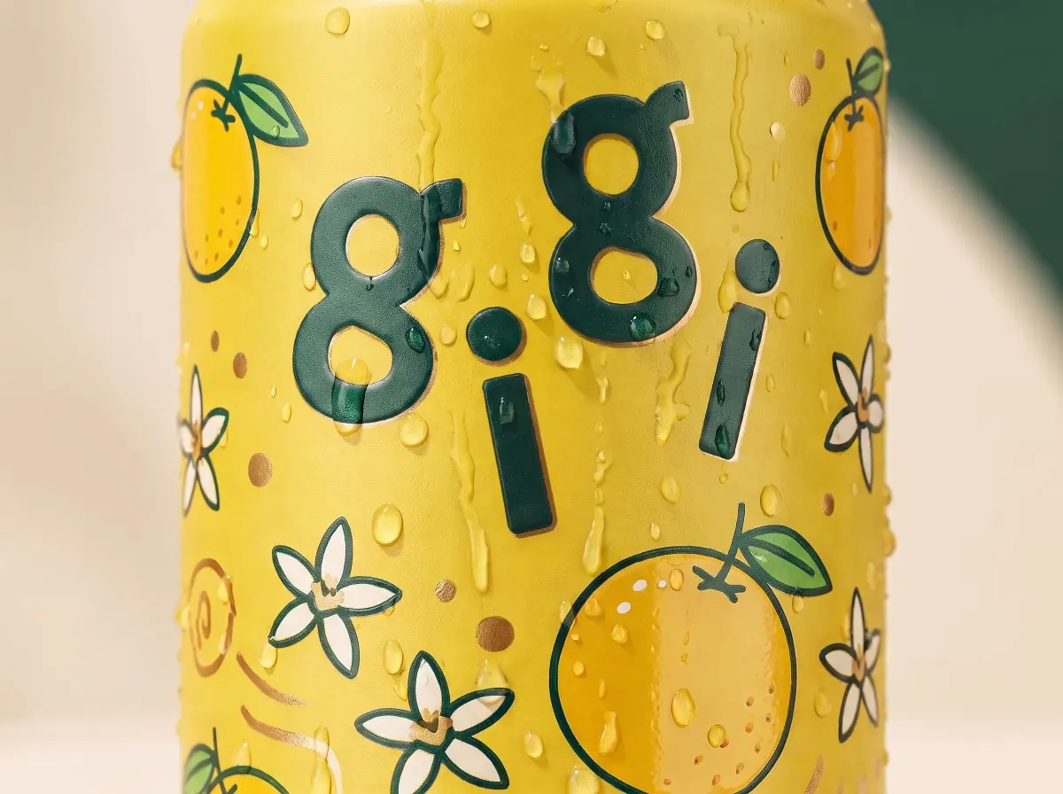 Macro shot of the Yuzu can wrap with bouncing gigi letters and hand-drawn yuzu fruit