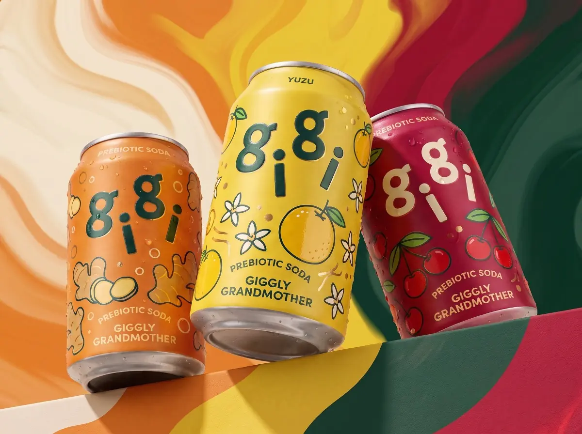 Ginger, Yuzu and Cherry cans on a painterly swirl of orange, yellow, crimson and green
