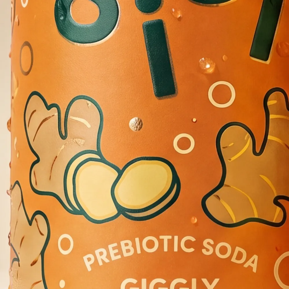 Close-up of the hand-drawn ginger illustration on the Ginger can